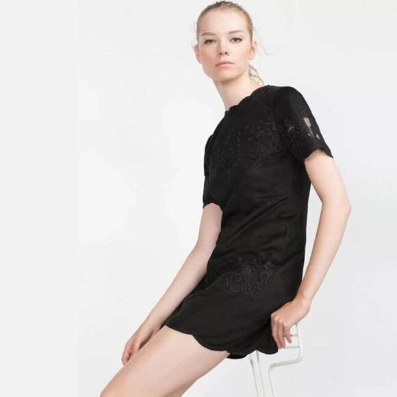 2/$30 ZARA Embroidered Faux Suede Tunic Dress M Black Scalloped Meshed #5213 - Picture 4 of 15